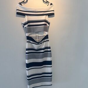 Maurie + Eve Navy and White Striped Midi Dress